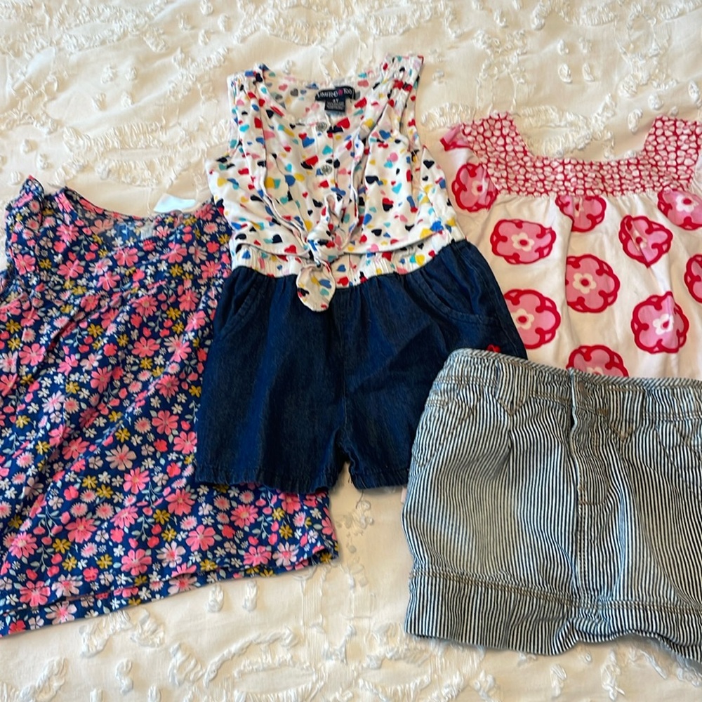 4-piece lot Romper, skirt, floral top and long sleeve blouse 3T